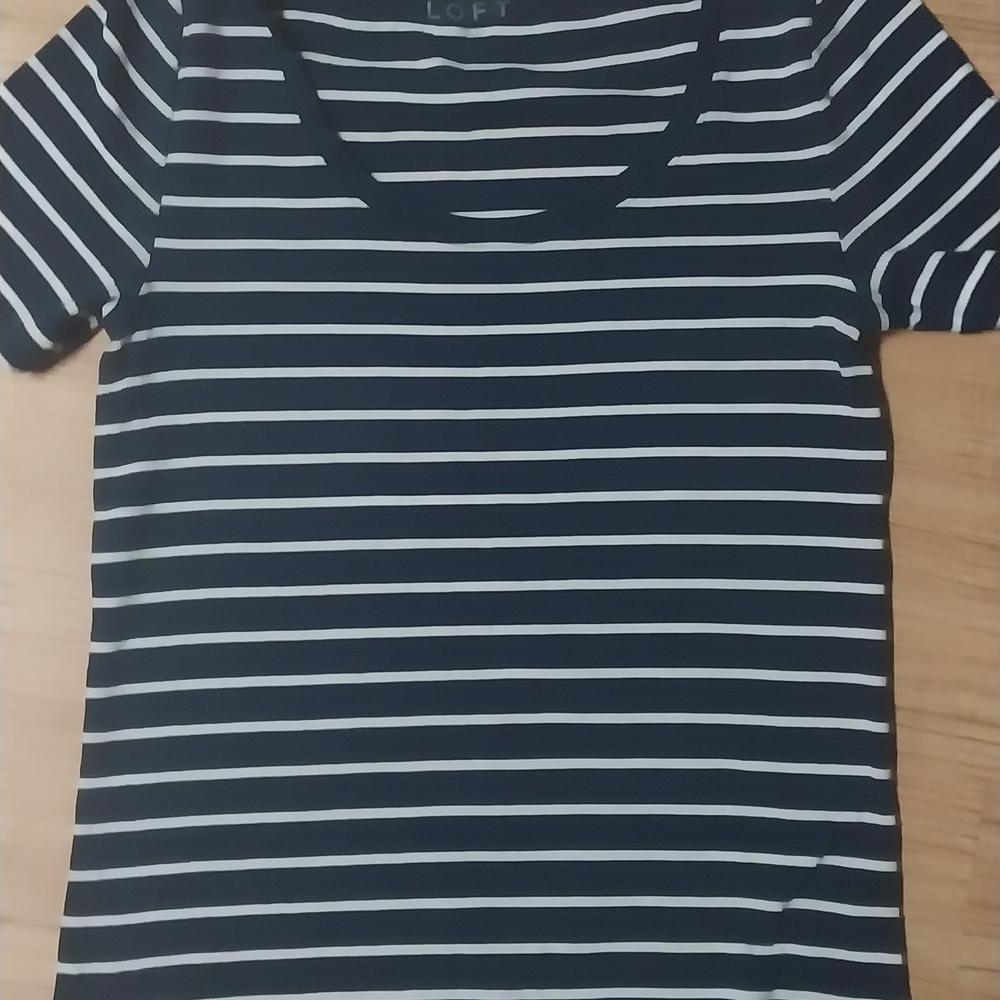 LOFT Navy and White Striped Short Sleeve Tee